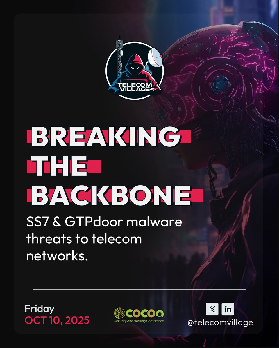 Breaking the Backbone a workshop at Telecom Village <a href="/_c0c0n_/">c0c0n2025</a> . Explore how SS7 and GTPdoor malware expose the telecom core, learn attack vectors, and understand defenses against backbone exploitation.
#C0c0n2025 #TelecomVillage