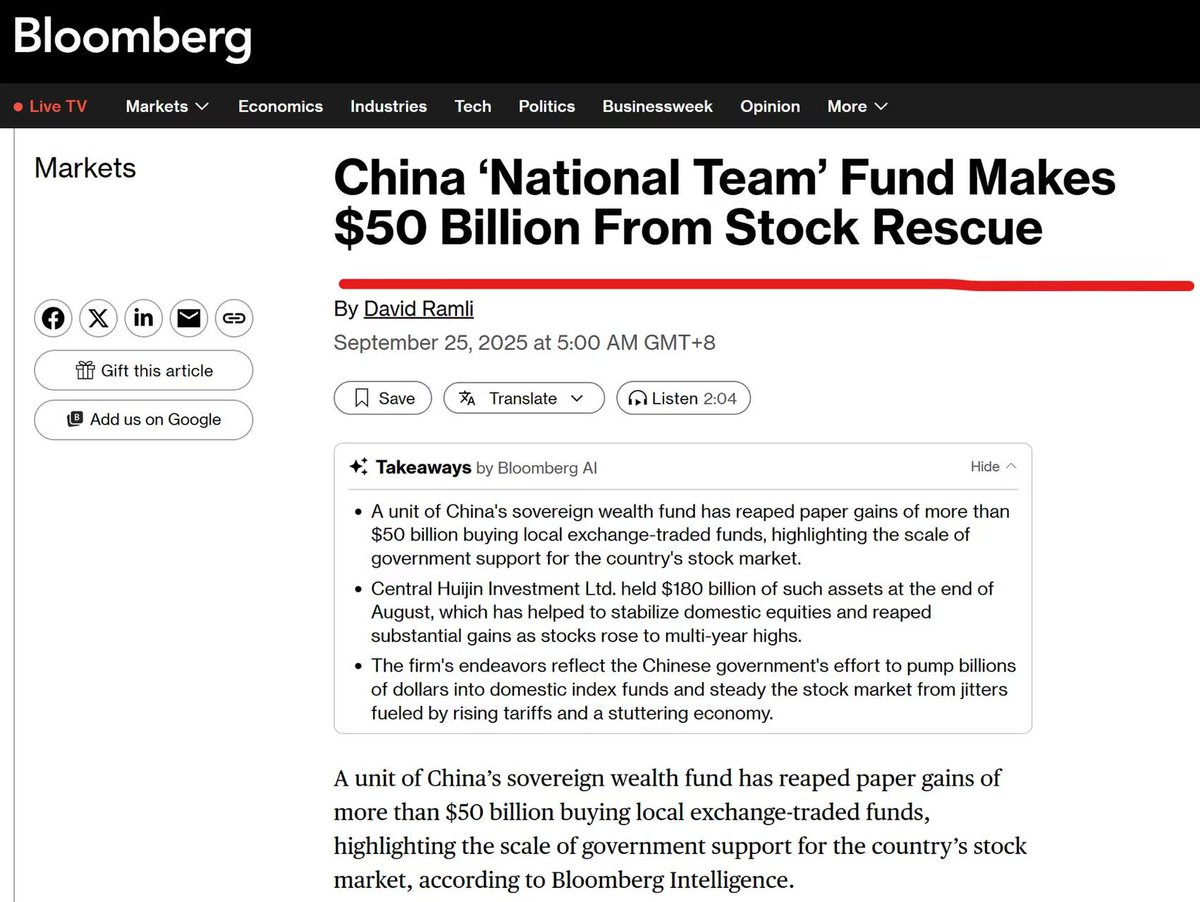 Bloomberg报道：“国家队”护盘爆赚3500亿！ 汇金（国家队之一）斥资1800亿美元在低位扫货，账面浮盈500亿美元。  沪深300、创业板推到新高，背后不是散户热情，而是央行再贷款、机构资金在疯狂运转。 牛市是市场的胜利，还是财政的幻象？  散户是享受牛市财富增值，还是高位 ...