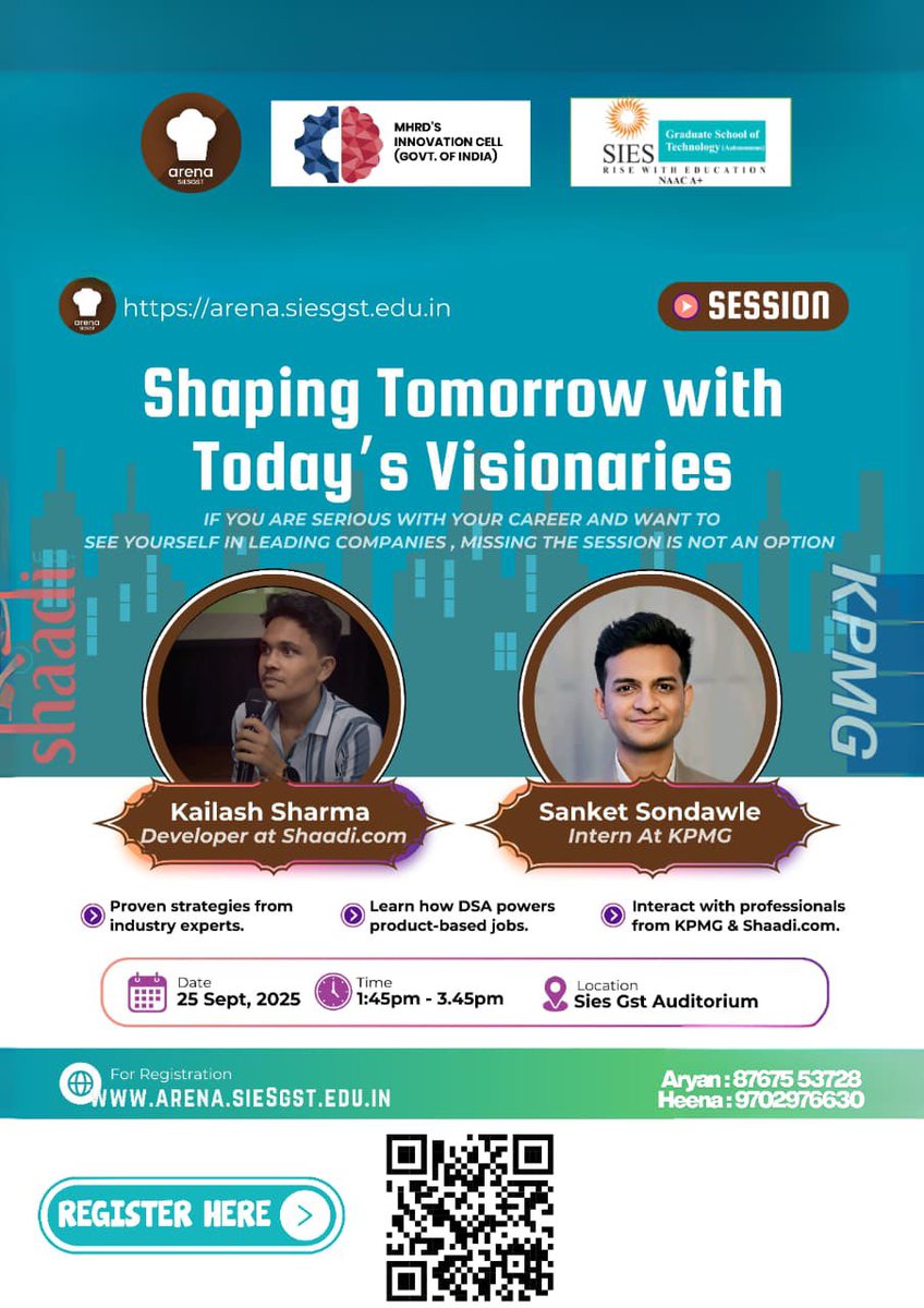 arenaCodeChef's tweet image. Arena Presents
Scared of DSA? This session is for YOU!
Learn:
โ
Cracking interviews & DSA tips
โ
Live Q&A with pros
Guests: Sanket Sondawle (KPMG), Kailash Sharma (Shaadi.com)
25 Sept | ๐ 1:45โ3:45 PM
๐ SIESGST Auditorium
๐ forms.office.com/r/JQH1Rzitr9