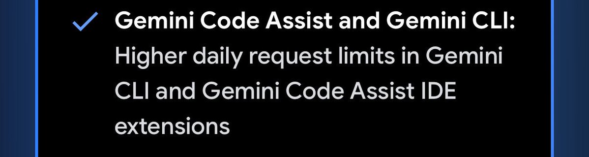 Times_of_Cinema's tweet image. 📢 Big news! Gemini CLI is now part of the Google AI Pro &amp;amp; Ultra subscriptions. 

Get higher daily request limits for Gemini CLI and Gemini Code Assist IDE extensions. 

All in one! No extra subscription needed. 🎉

 #GeminiCLI #GoogleAI #Coding 🚀

Link for Full Blog…