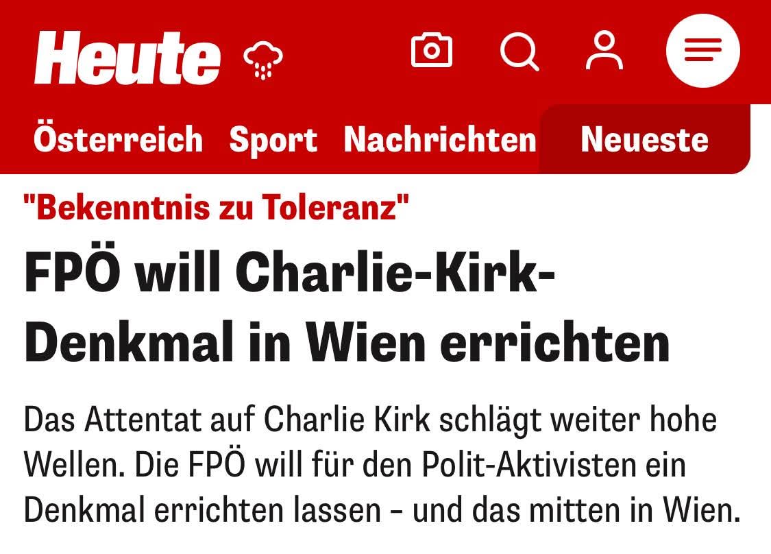 Max_Krauss's tweet image. Ein Denkmal für Charlie Kirk: Er stand für Jugend, Debatte und Demokratie. Ein Denkmal wäre laut der FPÖ mehr als nur ein Erinnerungsort – es wäre ein sichtbares Bekenntnis unserer Stadt zu Toleranz, Meinungsfreiheit und zur Wahrhaftigkeit unserer Demokratie, die auch kontroverse…