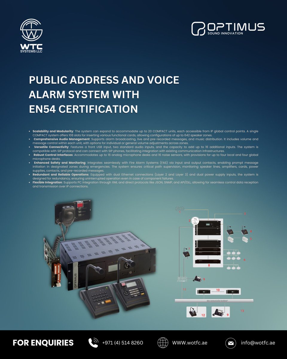 WTC_SYSTEMS_LLC's tweet image. Introducing the OPTIMUS Public Address and Voice Alarm System with EN54 Certification, a highly scalable and modular solution designed for efficient emergency communication and high-quality audio distribution.

#wtcsystems #Optimus #PublicAddressSystem #VoiceAlarmSystem