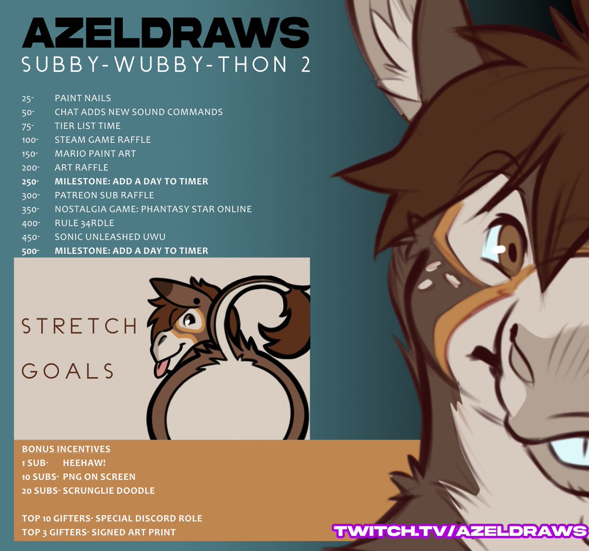 It is time... The return of the Subby-Wubby-Thon!
Please join me later today, at 12pm PST. I've got some fun stuff planned for this year! I really hope we make it to the stretch goals :3c