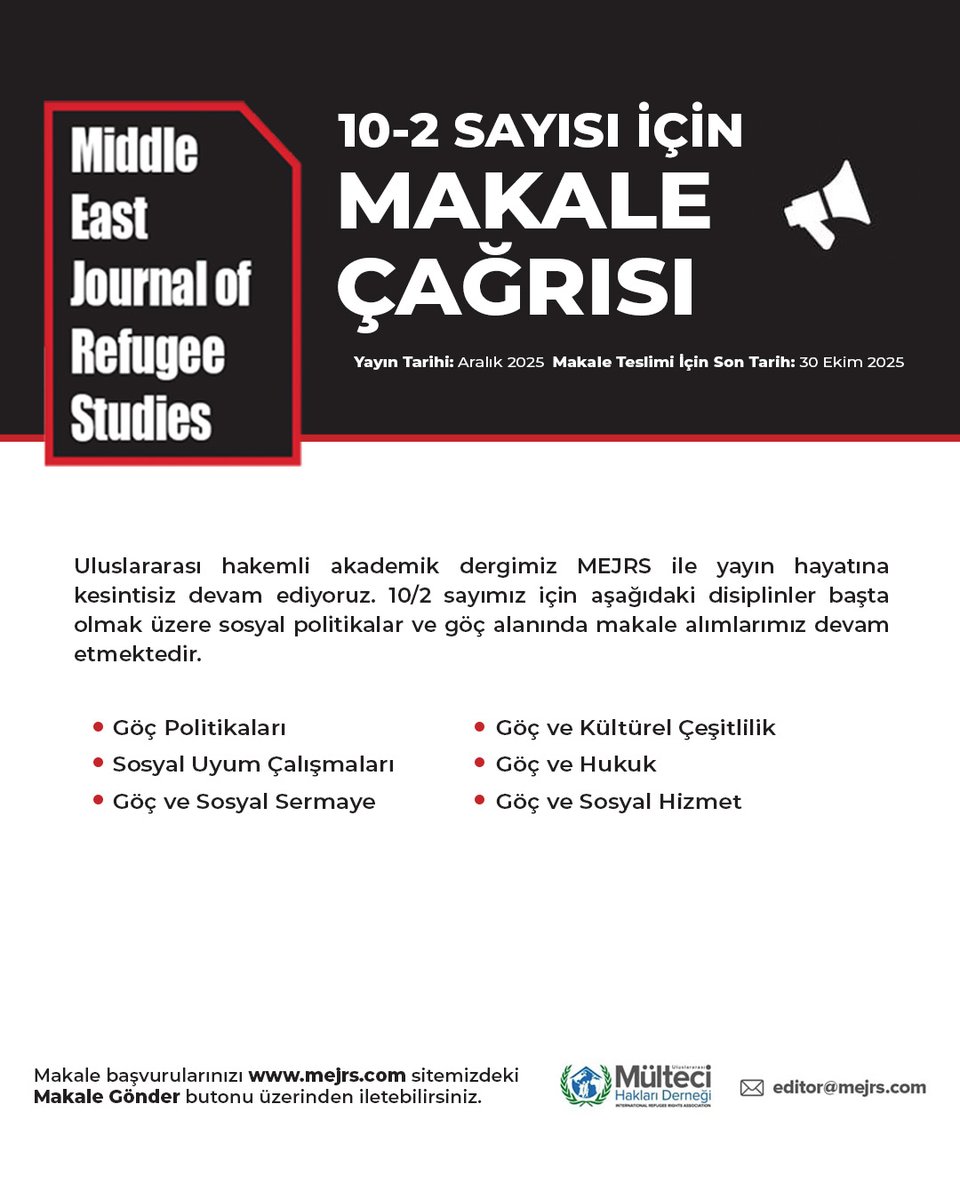 Uluslararası hakemli dergimiz MEJRS’in 2025 dönemi için makale alımına başladık!
📕Sayı: 10/2
📆Yayın Tarihi: Aralık 2025
📆Makale Teslimi İçin Son Tarih: 30 Ekim 2025