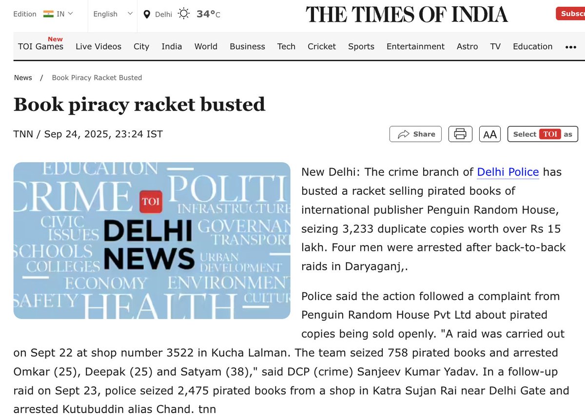 PenguinIndia's tweet image. 🧵A significant number of pirated Penguin books were discovered by the Crime Branch of Delhi Police during a raid. The publishing house has been a champion of anti-piracy efforts and has complained to the authorities, which led to this raid and seizure of pirated books.