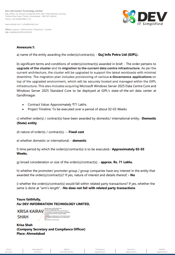 alkeshthakkar's tweet image. DATED : 25/09/2025

#DEVIT - 41.43

Dev Information Technology Limited (DEV IT) has been awarded a significant work order by Guj Info Petro Ltd (GIPL).  Contract Value: Approximately ₹71 Lakhs • Project Timeline: To be executed over a period of about 02-03 Weeks