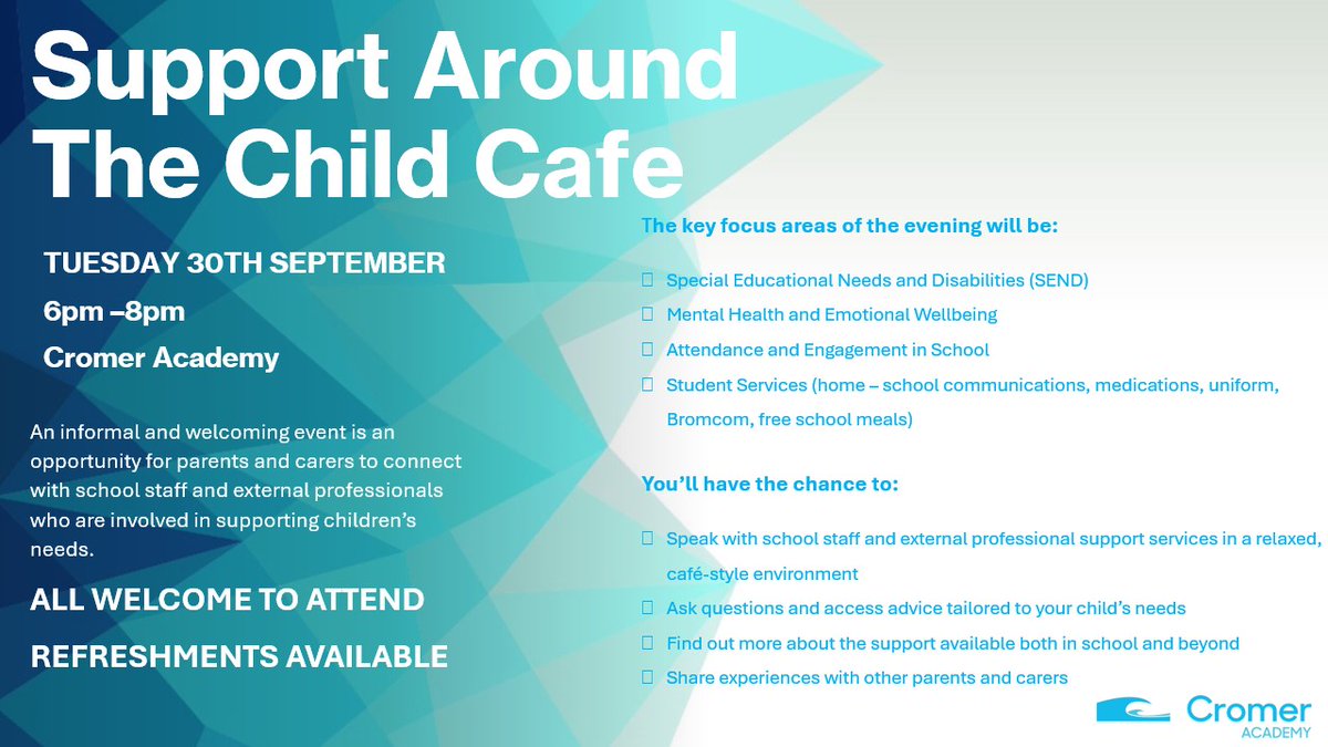 AcademyCromer's tweet photo. Support Around The Child Café.
Tues 30th Sept 6-8pm.

Join us for a warm, welcoming space where parents, carers &amp; staff come together to support our children’s wellbeing and development. 

Working together to nurture every child’s potential. No need to book, just drop in! https://t.co/7J3xHCQGfb