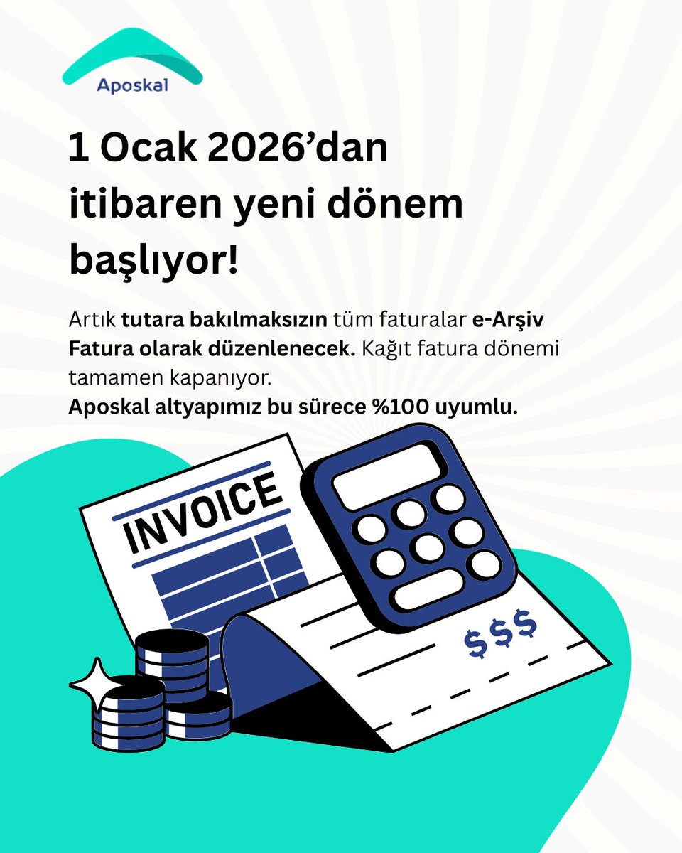 📢 1 Ocak 2026’dan itibaren artık tutara bakılmaksızın tüm faturalar e-Arşiv Fatura olacak.
Kağıt fatura dönemi resmen bitiyor.
Aposkal altyapısı bu sürece %100 uyumlu.
#eArşiv #eFatura #Aposkal