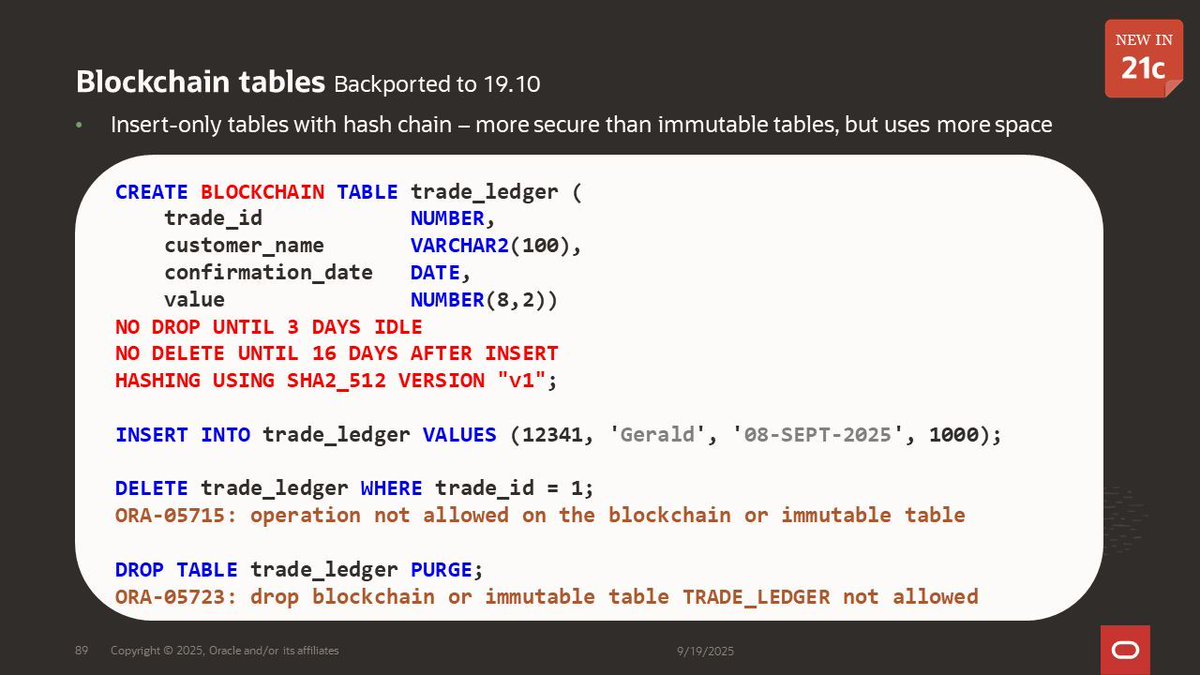sqldaily's tweet image. Create blockchain tables in Oracle Database with
CREATE BLOCKCHAIN TABLE ... ( ... )
NO DROP UNTIL n DAYS IDLE
NO DELETE UNTIL n DAYS AFTER INSERT
HASHING USING SHA2_512 VERSION "v1"
These
Allow INSERT
Disallow UPDATE
Disallow DELETE/DROP until you wait N days as defined