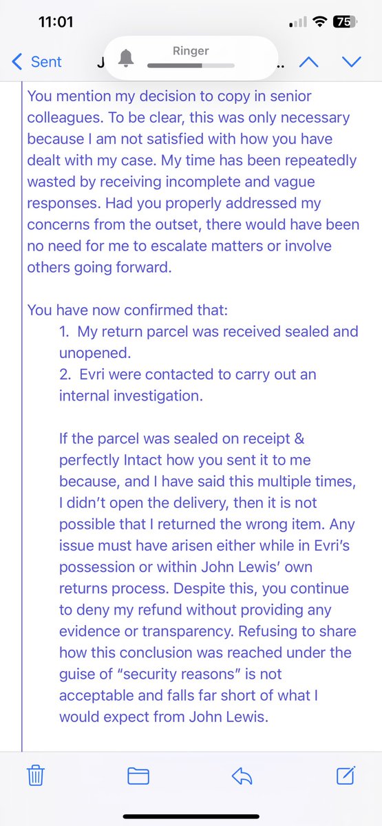 MAV9327's tweet photo. @JohnLewisRetail are still refusing my refund even though they’ve admitted my returned parcel arrived intact and unopened—exactly as they sent it. How is this legal? https://t.co/FBPfAS6joK
