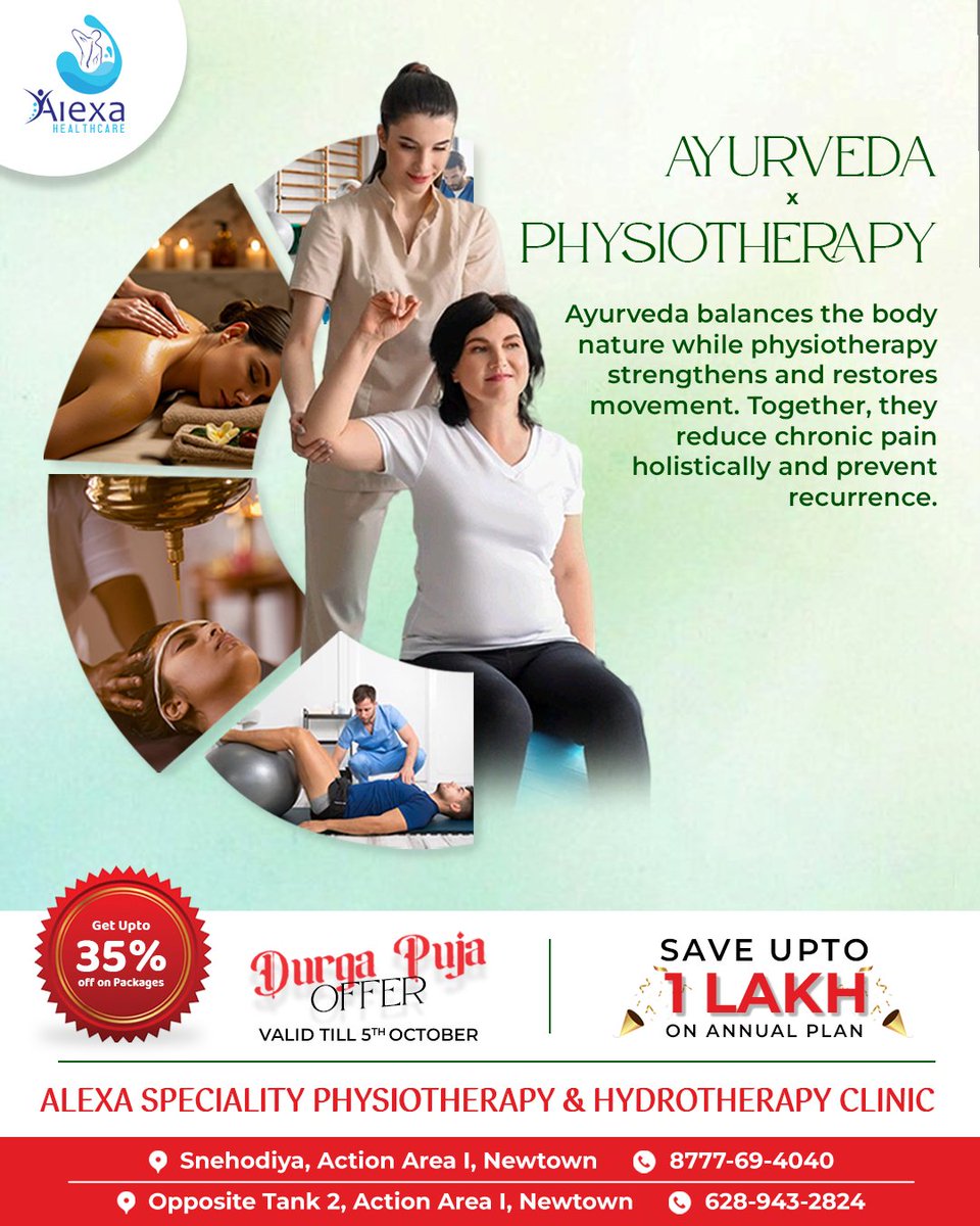 alexa_clinic's tweet image. 🌿Ayurveda + Modern Physio = Long-lasting relief! Discover how holistic care reduces pain naturally.

📍Locations:
* Snehodiya, Action Area I, Newtown
* Opposite Tank 2, Action Area I, Newtown
📞 Call us: 87776 94040 | 62894 32824

#DurgaPujaOffer #BackPainSolution #Physiotherapy
