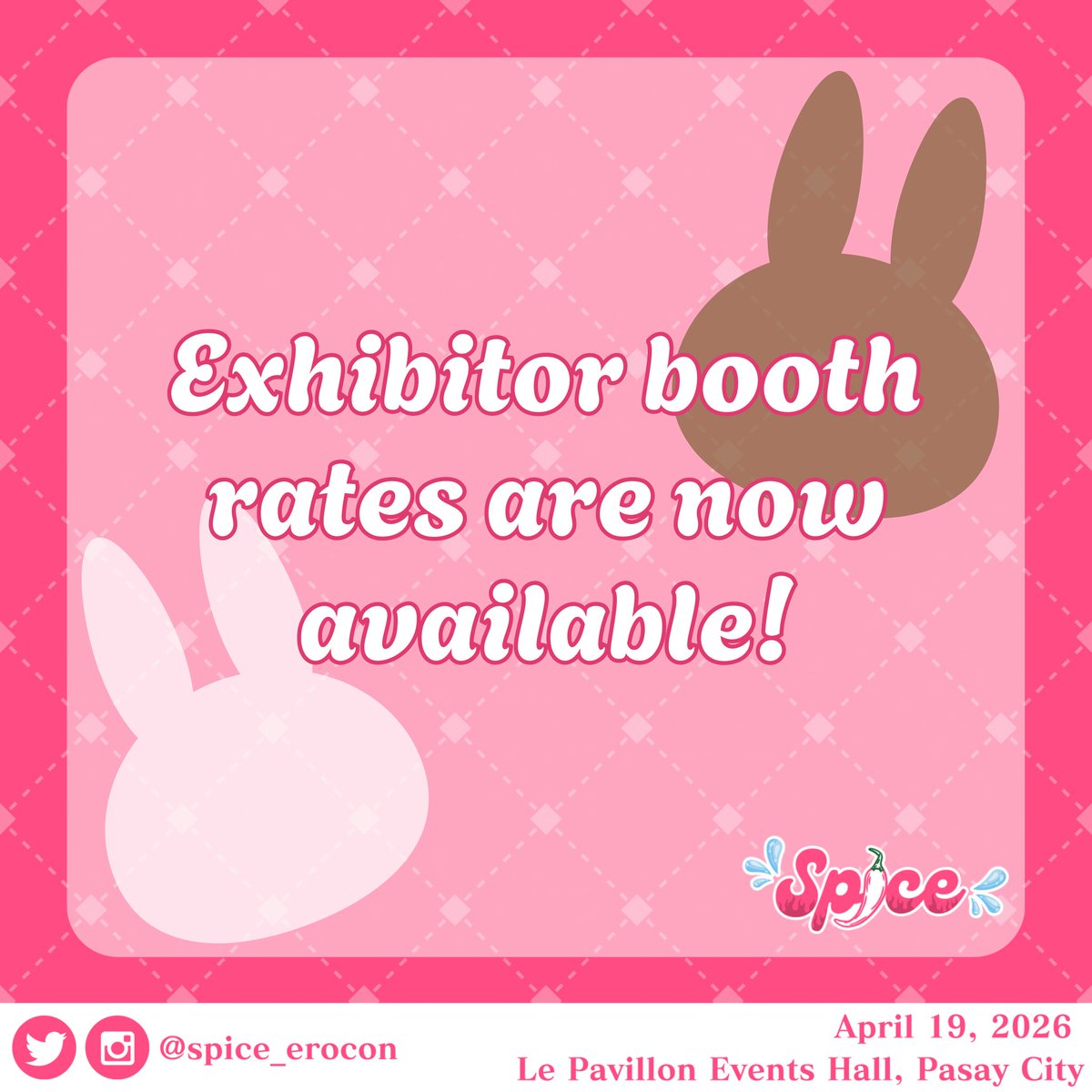 🐰Announcement🐰

Exhibitor booth rates are now available!

You may access it through this link below:
tinyurl.com/SPICE2026exhbi…

#SpiceErocon
#SPICE2026