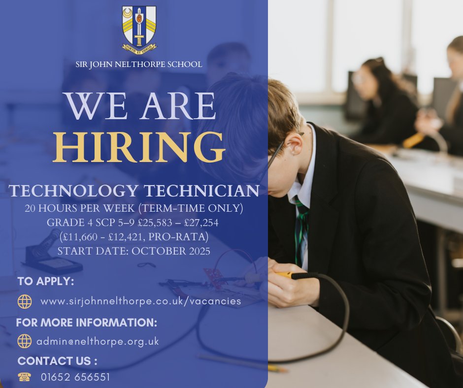 We are seeking to appoint a skilled and enthusiastic Technology Technician to join our supportive and creative Art &amp; Technology Faculty. 

For more information and to apply, please visit our website at sirjohnnelthorpe.co.uk/vacancies/tech…