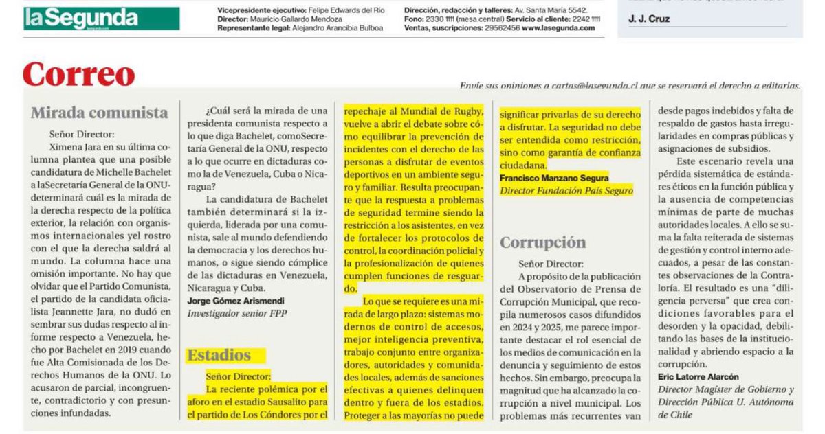 FPS_Chile's tweet image. [La Segunda] Carta al director destacada en La Segunda, titulada “ Estadios” por Francisco Manzano, director de Fundación País Seguro
