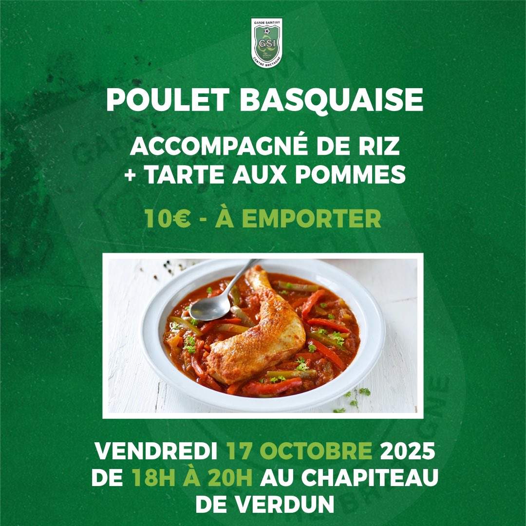 Vente à emporter, Poulet basquaise 🍛!!

• Accompagné de riz  
• Tarte aux pommes en dessert 
 
📍 Lieu : Chapiteau de Verdun
🕕 À récupéré entre 18h et 20h

Réservation : 06 33 32 63 00 (Awen Guichard)