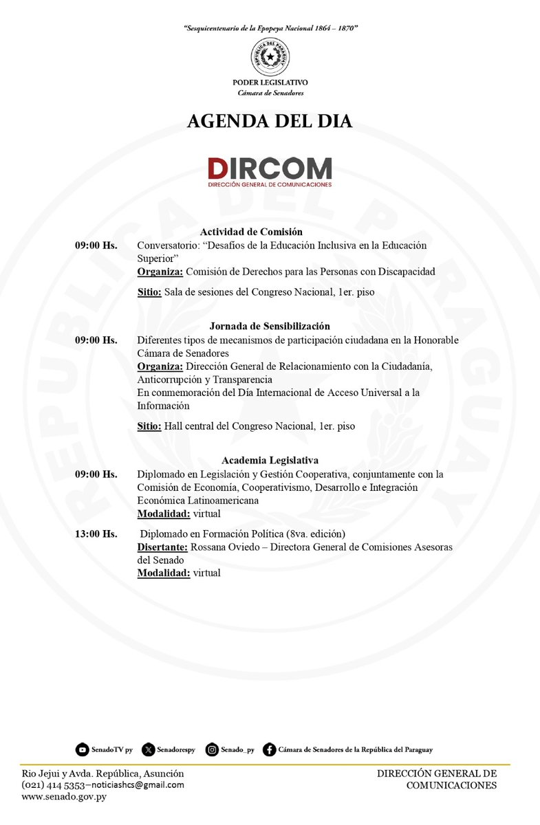 La Cámara de <a href="/SenadoresPy/">SenadoPy</a>, para la jornada de hoy registra estas actividades en su agenda.

__
🗓️#AgendaSenado| Jueves 25/Septiembre