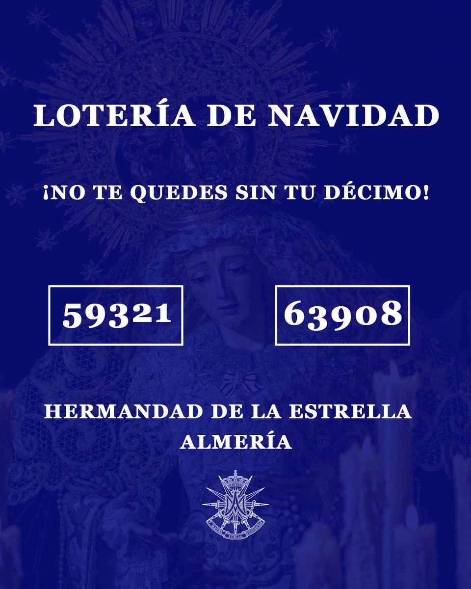 🎟 Disponibles los décimos de la Lotería de Navidad de la Hermandad de la Estrella.

🔹 59321

🔹 63908

¡No te quedes sin tu décimo!