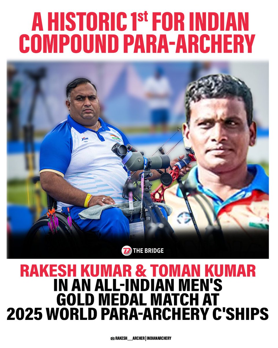 the_bridge_in's tweet image. #News | For the first time ever, India will take home a guaranteed medal in the Men’s Individual Compound Open - and it is GOLD &amp;amp; SILVER 🏹🥇🥈

An all-Indian final is set as Rakesh and Toman face each other in the title clash at the 2025 World Archery Para Championships in…