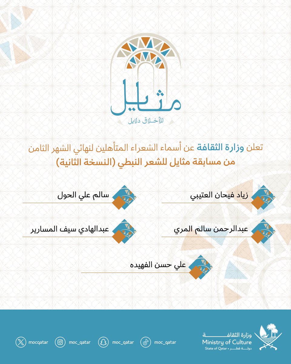 تعلن وزارة الثقافة عن أسماء الشعراء المتأهلين لنهائي الشهر الثامن من مسابقة مثايل للشعر النبطي (النسخة الثانية).