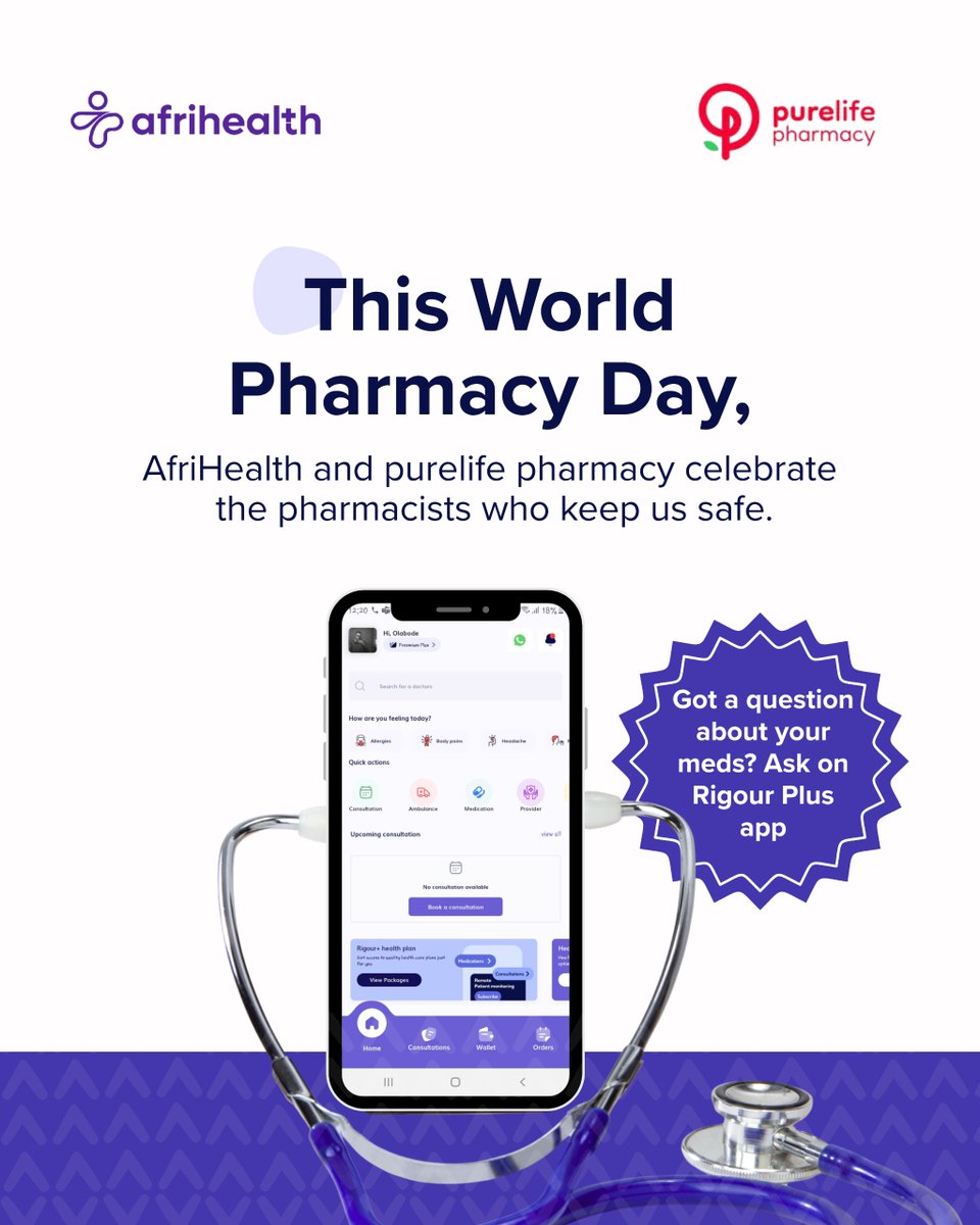 Pharmacists do more than dispense drugs, they keep us safe, informed, and healthy. 

This #WorldPharmacyDay, AfriHealth x <a href="/PurelifeNg/">PurelifePharmacyNG</a>  celebrate the heroes behind the counter who guide us every day. 

#AfriHealth #AskYourPharmacist #purelifepharmacy #telemedicine #rigourplus