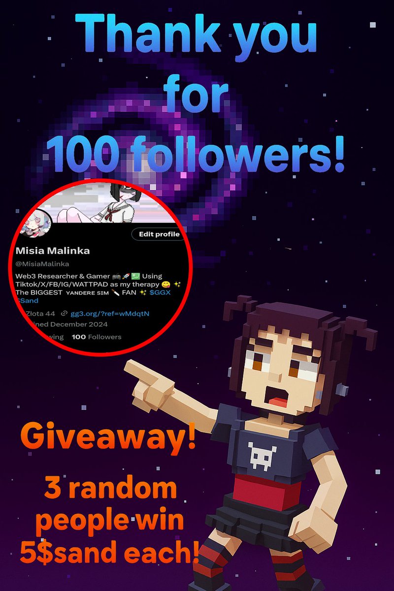⚠ $SAND Giveaway!⚠
Thank you so much for 100 followers on X! To celebrate, I’m giving away 5 $SAND to 3 random winners 🎉
How to enter:
✅ Like this post 
🔁 Retweet
👥 Tag 1 friend in the comments
Winners announced Sept 29!
#sandfam #thesandbox #cryptogiveaway