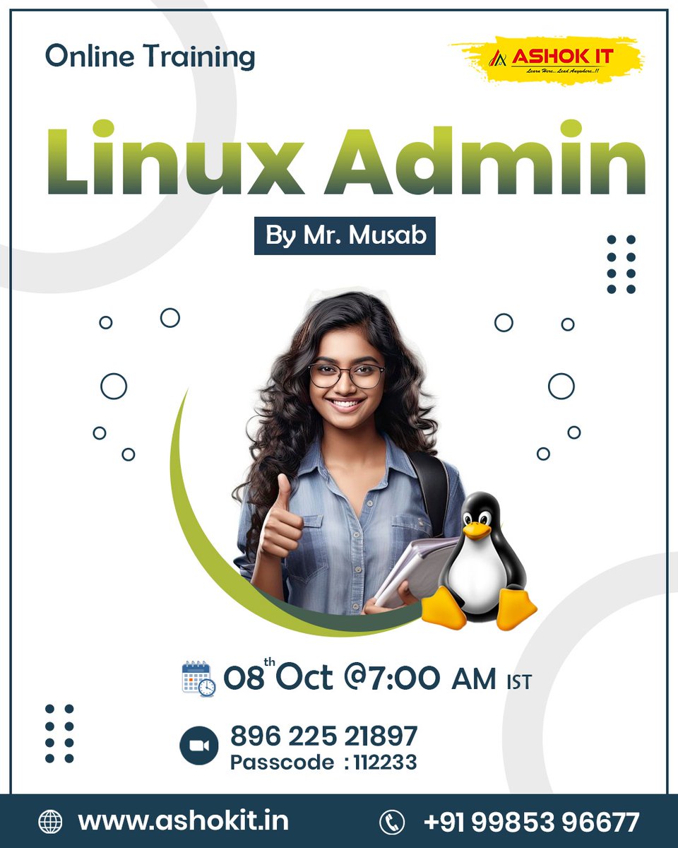 ashokitschool's tweet image. ๐ง Become a Linux Admin Expert!
Join Online Training by Mr. Musab @Ashok IT
Register Now: tr.ee/s6zJMH
๐
8th Oct | ๐ 7:00 AM IST
๐ ashokit.in | โ๏ธ +91 99853 96677
#LinuxAdmin #LinuxTraining #LinuxCertification #DevOps #SystemAdmin #CloudComputing