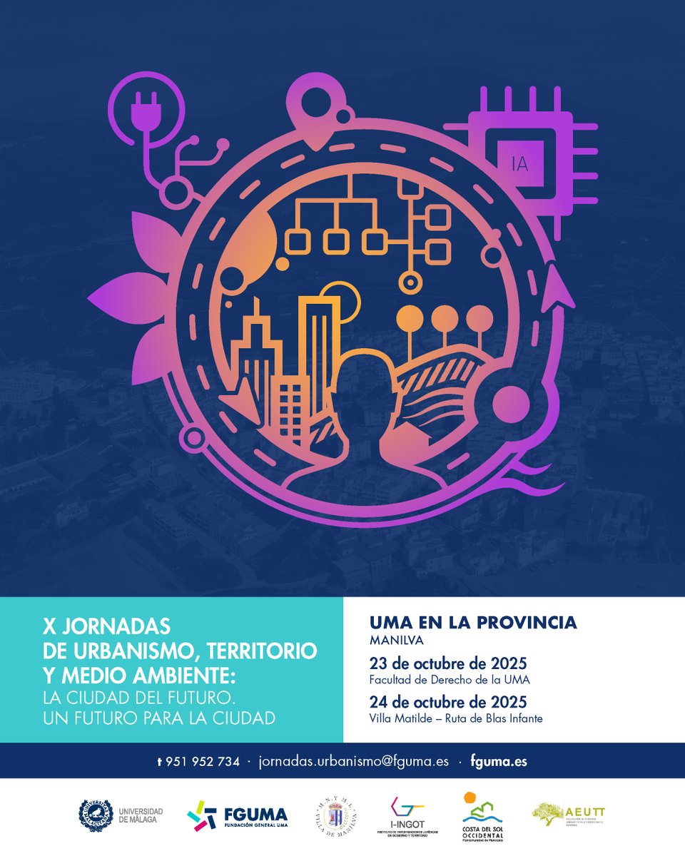 Abierta la inscripción gratuita para las X Jornadas de urbanismo: La ciudad del futuro. Un futuro para la ciudad. 23 y 24 de octubre (presencial y online)
Más info fguma.es/jornadas-manil…
Contacto: 951 952 734
#UMAprovincia #urbanismo #medioambiente