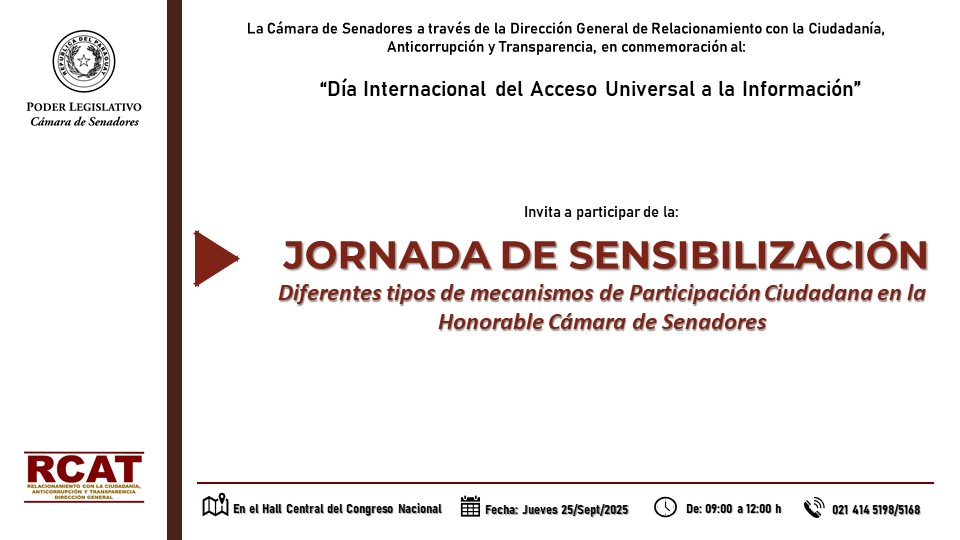 🧐🔍"DÍA INTERNACIONAL DEL ACCESO UNIVERSAL A LA INFORMACIÓN"

En conmemoración a este día, nuestra Dirección General ofrece una #JornadaDeSensibilazación, para abordar los diferentes tipos de mecanismos de participación ciudadana.

A las 09:00 h, Hall del Congreso
¡Te esperamos!
