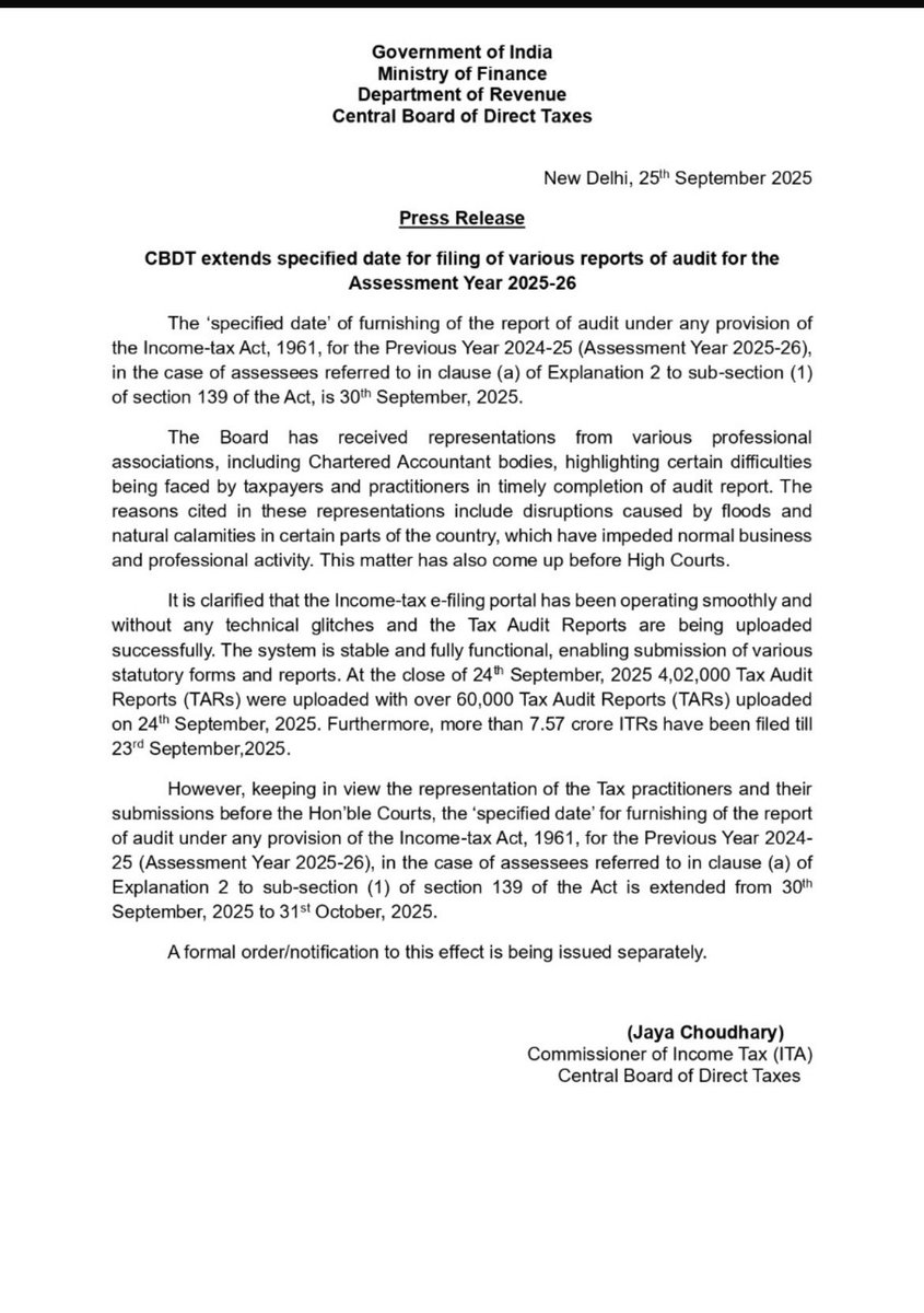 JodhpurTba's tweet image. Sincere thanks to @FinMinIndia &amp;amp; @IncomeTaxIndia for extending the #TAR due date to 31st Oct 2025, positively considering our request. This timely relief is truly appreciated by the tax fraternity. 🙏