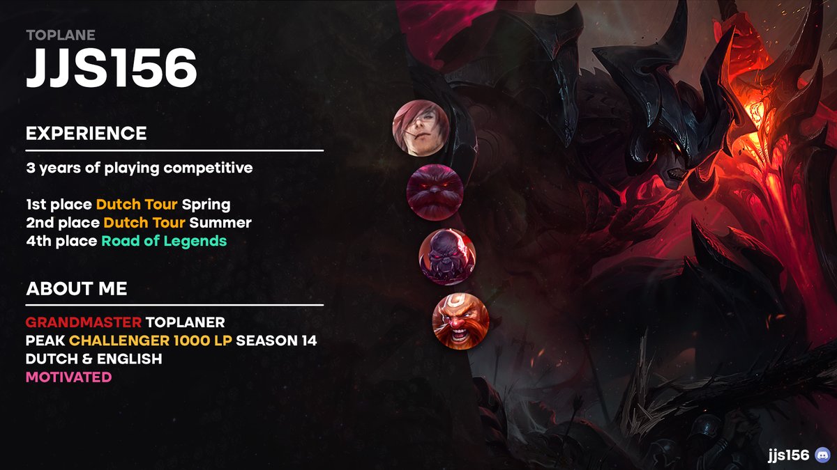 jesper schouten (@jjs156) on Twitter photo After 1.5 years of playing for OUAT im LFT open to anything.
Also looking for some teams to play lans or visit conventions with in my area the Netherlands.
If any intrest dont hesitate to send me a dm on discord or on twitter.
References:
<a href="/Kizuro_lol/">Adam Pokorný</a>
<a href="/vaclav_myska/">Václav BlueBerry Myška</a> After 1.5 years of playing for OUAT im LFT open to anything.
Also looking for some teams to play lans or visit conventions with in my area the Netherlands.
If any intrest dont hesitate to send me a dm on discord or on twitter.
References:
<a href="/Kizuro_lol/">Adam Pokorný</a>
<a href="/vaclav_myska/">Václav BlueBerry Myška</a>