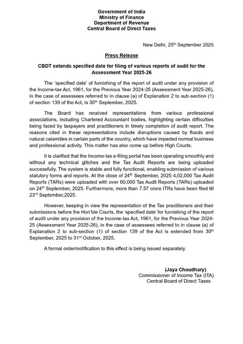 Nalinjsp's tweet photo. RT @CAclubindia: FINALLY!!!! CBDT Extends Due Date for Filing Tax Audit Reports to October 31, 2025 https://t.co/5acEKO0720