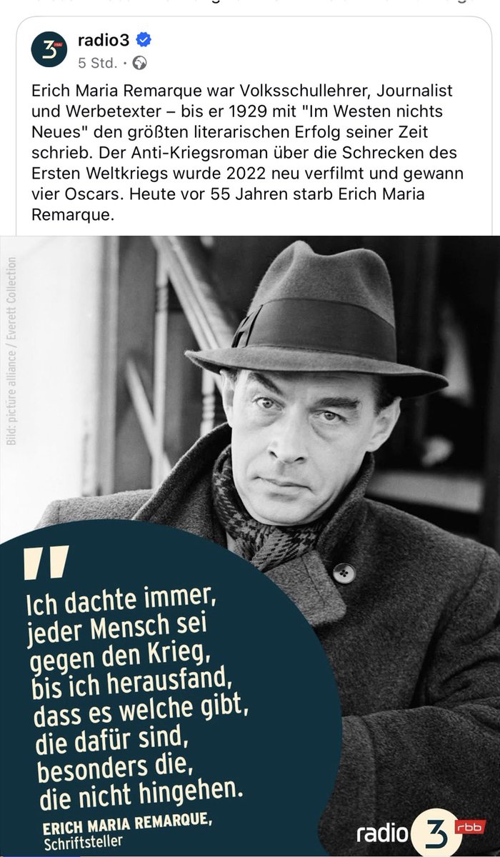 stefan_noir's tweet photo. #lesezone – Im Westen nichts Neues?!
In diesem Zusammenhang kann ich – wie schon mehrfach erwähnt – das Buch „Februar 33: Der Winter der Literatur“ von Uwe Wittstock empfehlen. Darin findet natürlich auch Remarque seinen Platz, wie wir uns sicher denken können.
Das Dritte Reich – und ganz besonders der Gröfaz – ist ja bis zum Erbrechen schulisch wie medial durchgekaut worden. Früchte hat diese sogenannte „Bildung“, wie ich feststellen muss, leider keine getragen. Wir sind weder als Gesellschaft sensibilisiert gegenüber Krieg noch gegenüber Manipulation – immer noch Spielbälle in einem System, das nur wenige wirklich verstehen.
Der Blick hinter die Kulissen fällt vielen schwer, und der Staatsfunk (noch einer meiner harmloseren Termini) läuft in Höchstform und vernebelt selbst den letzten Rest eines übrig gebliebenen gesunden Menschenverstands.
Ich fürchte, wir müssen wohl noch einmal die Klassen wiederholen. Ob das allerdings etwas ändern würde, ist mehr als fraglich.
#stefannoir #lesezone #remarque