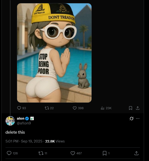 dwango67's tweet photo. A long time ago someone had posted a meme of @a1lon9 with a fat gyatt. 

@a1lon9 instantly replied to the tweet saying: "delete this".  

Come $AGI, the meme has become immutable, immortalized on the blockchain. 
Presented as revolutionary interactive https://t.co/1ufxYqRJYP live stream technology.  

Every time someone buys $AGI, the meme of @a1lon9  with a fat gyatt, the gyatt grows larger. 

It is programmed to become bigger and bigger, with a goal of attracting @a1lon9  attention back to the meme in its new highly advanced form.