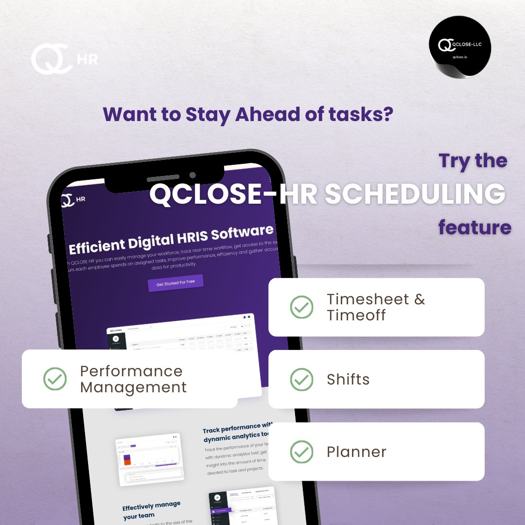 QCloseLLC's tweet image. Struggling with staff scheduling?
QCLOSE HR’s Smart Scheduler auto-builds shifts based on:
✅ Availability
✅ Skills
✅ Labor laws
Save time, keep your team happy, & stay compliant.
#QCLOSE #HRmanagement #cloudbasedsolutions