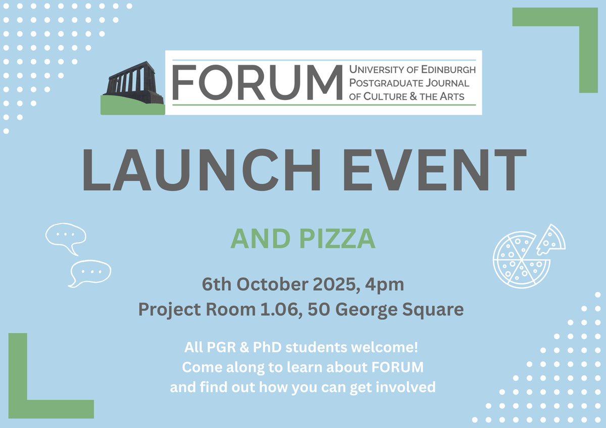 We are so excited to launch the 36th issue of FORUM on the theme of 'Family' ✨ Come and celebrate with us, learn about the journal &amp; how you can get involved. PGR &amp; PhD students welcome! (and there will be pizza) 🍕 6th October 2025 in the Project Room 1.06 in 50 George Square.