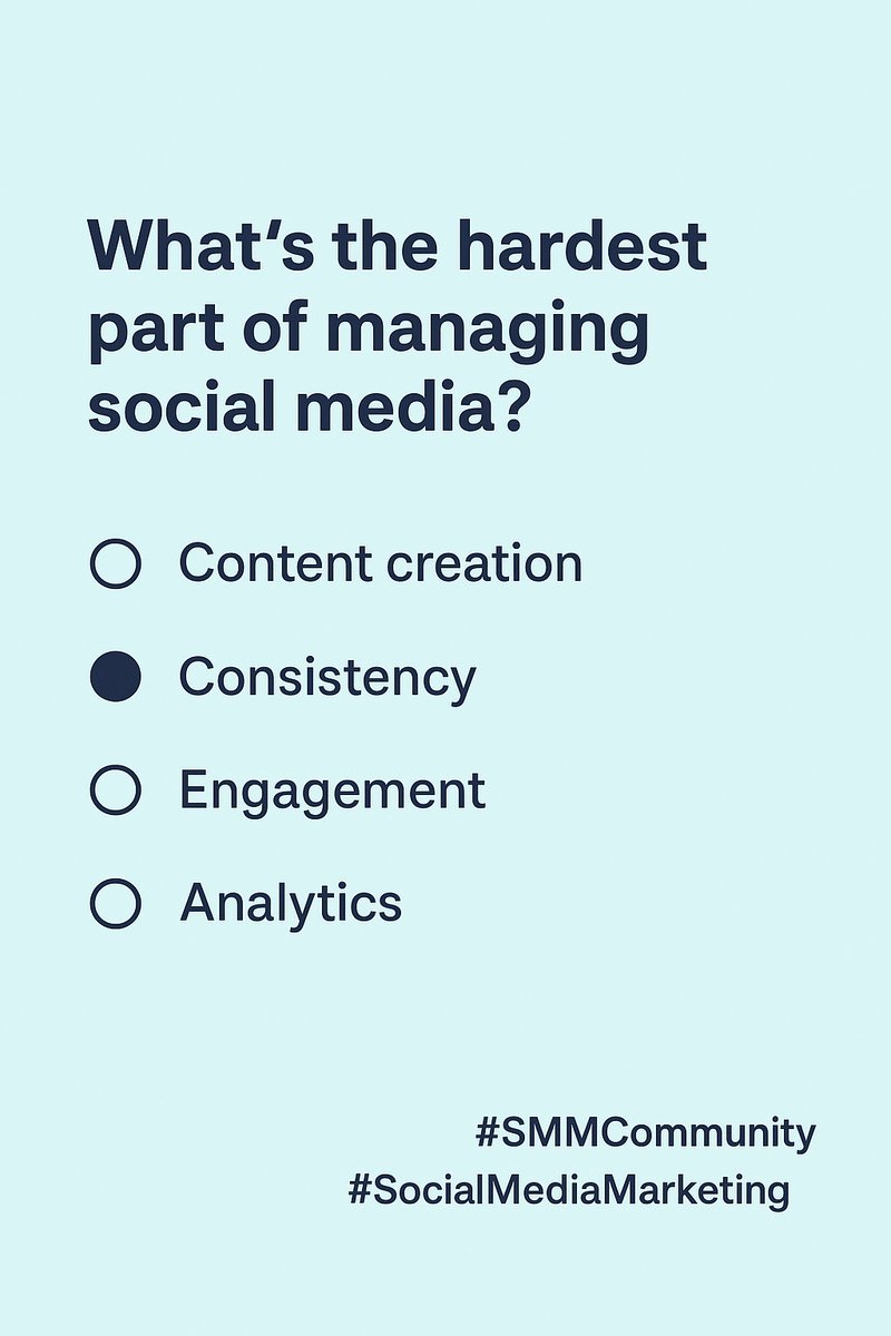 Sunday_ecomm's tweet photo. What’s the hardest part of managing social media?
🔘 Content creation
🔘 Consistency
🔘 Engagement
🔘 Analytics
#SMMCommunity #SocialMediaMarketing https://t.co/mnQ2mRfU2w