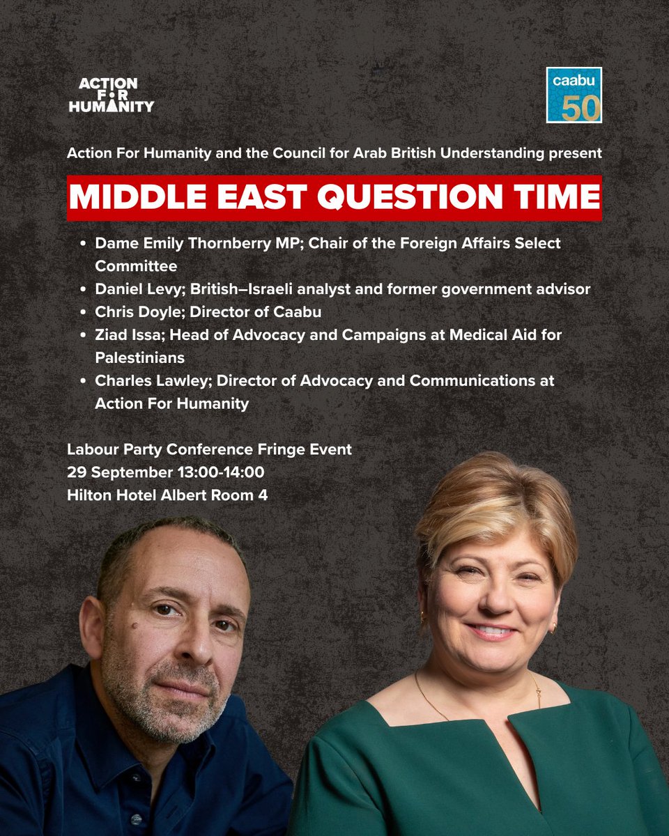 Join our parent org, <a href="/AFH_charity/">Action For Humanity</a>, and <a href="/Caabu/">Caabu</a> this coming Monday in Liverpool for Middle East Question Time, a <a href="/UKLabour/">The Labour Party</a> fringe event exploring the UK's role in development &amp; diplomacy.

Speakers incl. Dame <a href="/EmilyThornberry/">Emily Thornberry</a> MP &amp; Israeli-British negotiator Daniel Levy.