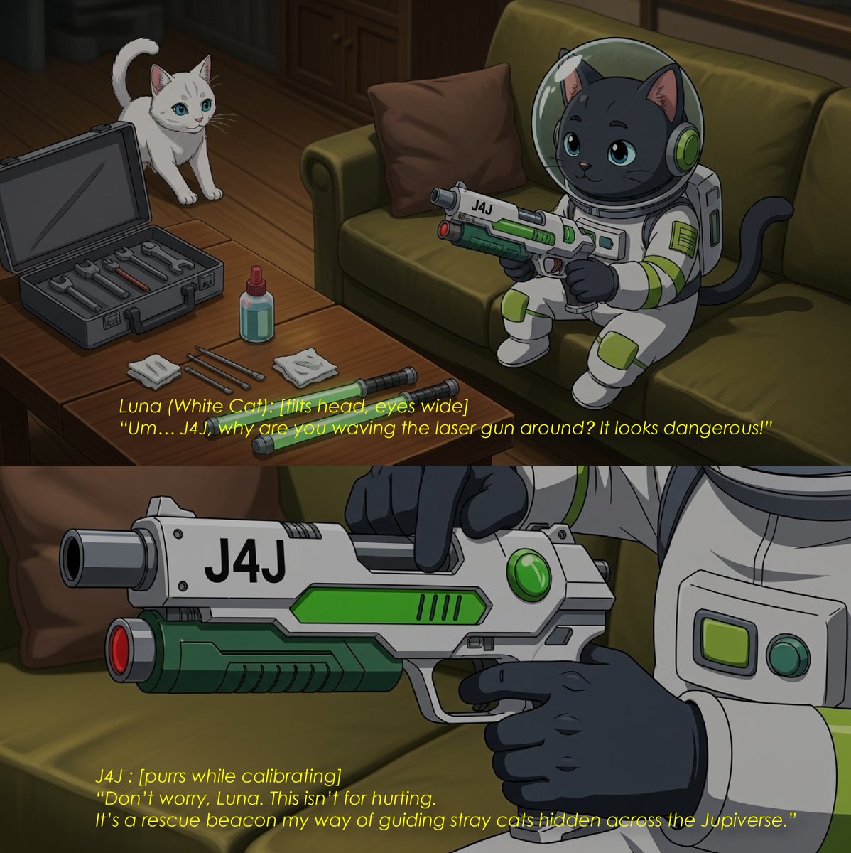 EP 3 : "Calibrating" #J4JSavesTheCats 

Luna: 
“So it’s… not a weapon?”

J4J: [chuckles, tail flicking]
“A weapon? No. Think of it as a lighthouse. 
Each pulse marks safe paths, signals shelters, and opens gateways. It helps lost kitties find their way home.”

Luna: [soft gasp]