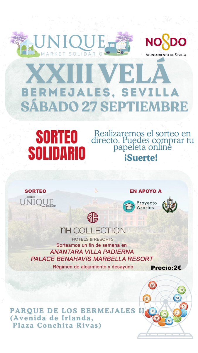 Ven a #UniqueMarketSolidario este sábado en #LosBermejales y colabora con <a href="/ProyectoAzarias/">Proyecto Azarías</a>

Te esperamos con puestos, barras, diversión infantil y actuaciones 🪇🎯

<a href="/DtoBellaPalmera/">Distrito Bellavista-La Palmera (Sevilla)</a> <a href="/SoledadSLorenzo/">La Soledad de San Lorenzo</a>