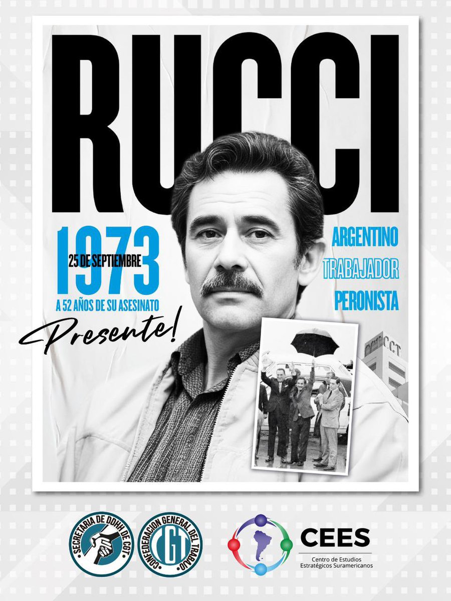 #JoséIgnacioRucci #CGT “El pequeño gran hombre” como lo llamaba el general , cayó asesinado por quienes fueron funcionales al boicot al Gobierno revolucionario de JDPerón, magnicidio que lo conmovió y aceleró el deterioro de su salud y su consecuente muerte , todo favoreciendo el