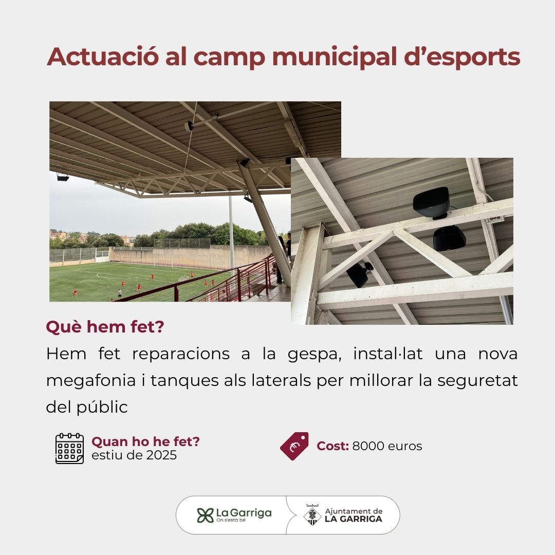 Ajuntament de la Garriga 🎗️ (@ajlagarriga) on Twitter photo ✅Aquest estiu hem fet diferents actuacions a les instal·lacions esportives de #laGarriga
🚧Al camp municipal d'esports, per exemple, s'han fet reparacions a la gespa, instal·lat una nova megafonia i col·locat tanques als laterals per millorar la seguretat del públic. ✅Aquest estiu hem fet diferents actuacions a les instal·lacions esportives de #laGarriga
🚧Al camp municipal d'esports, per exemple, s'han fet reparacions a la gespa, instal·lat una nova megafonia i col·locat tanques als laterals per millorar la seguretat del públic.