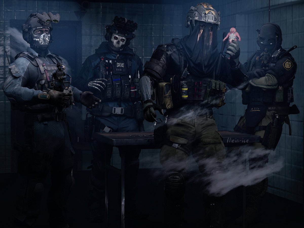 MEIN_ICE's tweet photo. When your soldier model is found by them
​🔵：You can come directly to me.
💀：Like cowboys, huh?
​👑：So fluffy！
​🐻：（*🤔 Like this gear？）
#Keegan #ghost #konig #König #nikto https://t.co/MZRSBqHsVS