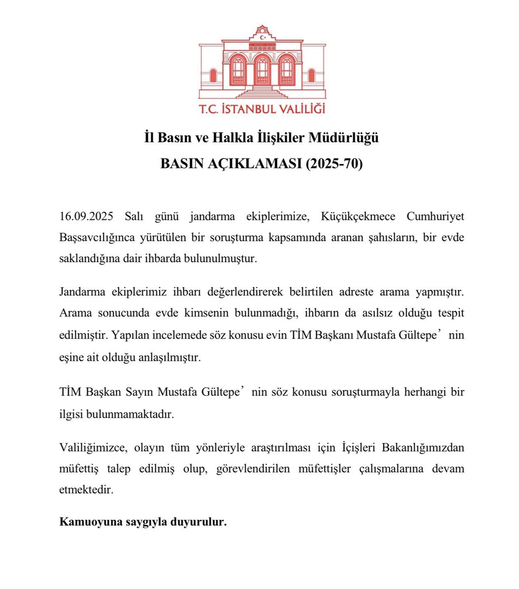 16.09.2025 Salı günü jandarma ekiplerine yapılan asılsız ihbara ilişkin basın açıklamamız…

🔗 istanbul.gov.tr/basin-aciklama…