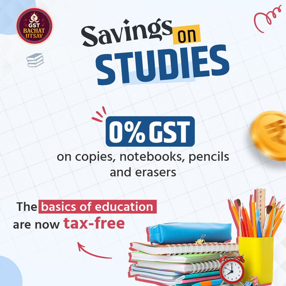 BJP4Chandigarh's tweet image. BACHAT UTSAV 🎉
Save on education essentials! ✏📚
💠 0% GST on copies, notebooks, pencils, and erasers
The basics of education are now tax-free—making learning affordable for all.
#NextGenGST  #Chandigarh
@narendramodi @BJP4India @nsitharaman @nsitharamanoffc  @JPMalhotra…