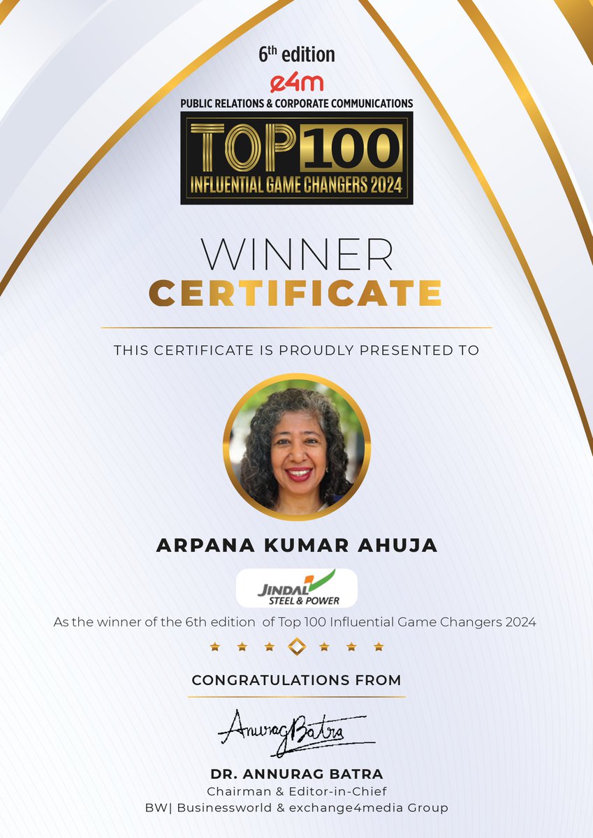 e4mevents's tweet image. Our heartiest congratulations to Ms. @ArpanaKAhuja  from @JindalSteel_  for being featured in the 6th edition of e4m PR and Corp Comm Top 100 Influential Game Changers list 2024 !

@karanbhatias  

#e4mprtop100influentialgamechangers #e4mevents #PRCorpComm