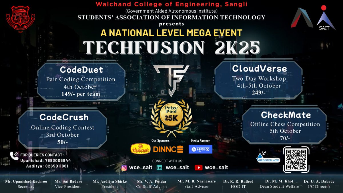 WCE_SAIT's tweet photo. Nerd Alert: It’s Happening 🚨💻
SAIT presents TechFusion 2K25 aka
🔥 Coachella for Coders 🔥

⚔ Code wars
☁ Cloud sorcery
♟ Brain games
🤝 Duos doing damage

📍WCE Sangli | 🗓 Oct 3–5
🎁 Win prizes. Or friends. Maybe both.
🔗 https://t.co/g1iO9jYfwH https://t.co/mqkZLrB5Ov