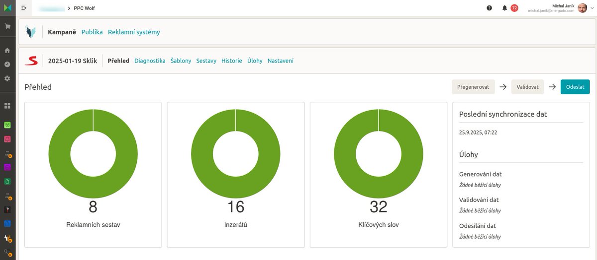 30. září 2025 vydáváme novou verzi #PPC Wolfa!

* Základní data zkopírujeme, ale kampaně si budete muset znovu vygenerovat a odeslat do #GoogleAds a #Sklik.
* Doporučujeme kampaně přejmenovat a pečlivě zkontrolovat.
* Cena se nemění – PPC Wolf zůstává součástí Mergada.