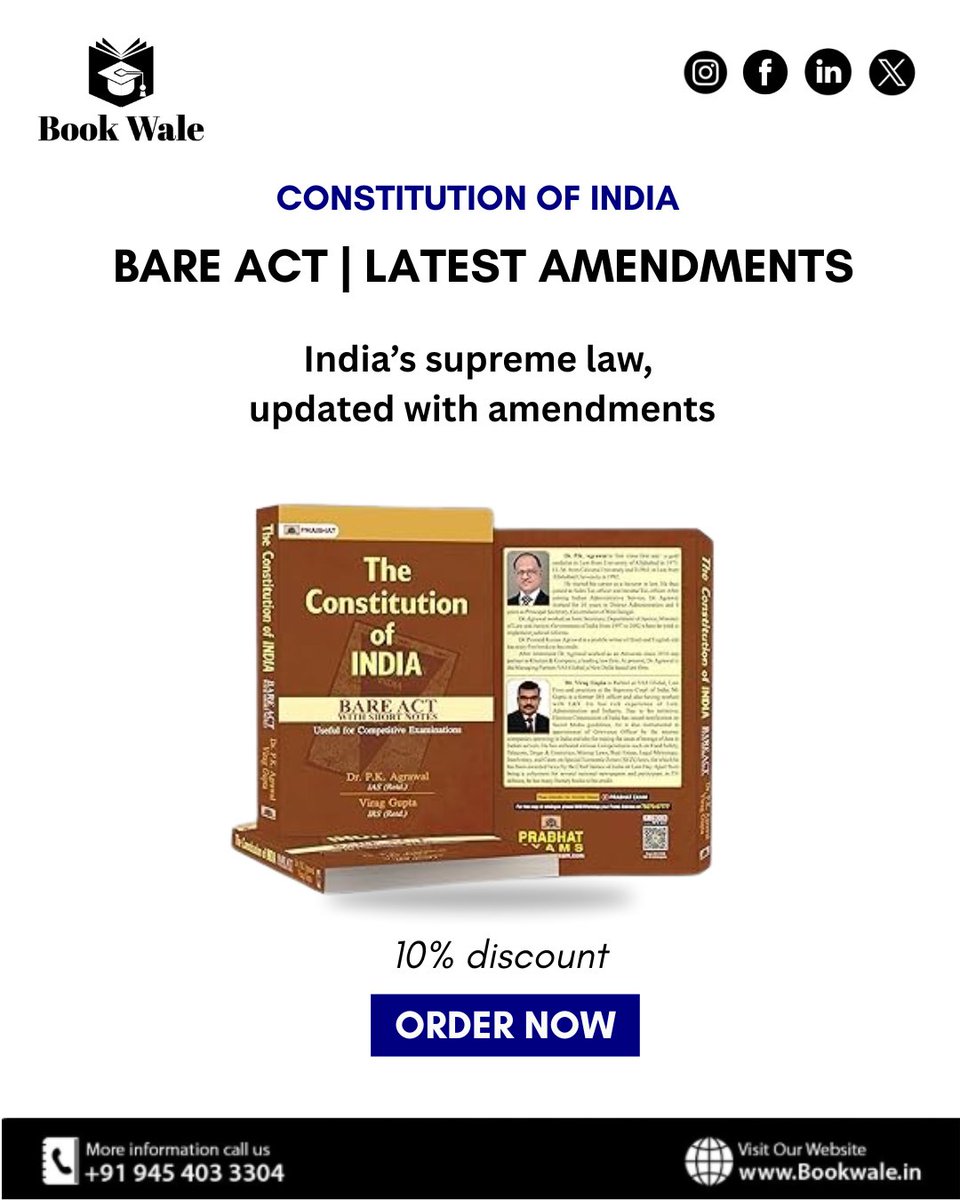 bookWale27's tweet image. 📘 Constitution of India – Bare Act (Latest Amendments)

✅ Updated &amp;amp; Authentic
✅ Easy Reference Format
💰 ₹XXX (10% OFF)
🚚 Same-Day Delivery in Prayagraj | PAN India Shipping 📦

Order 👉 bookwale.in

#ConstitutionOfIndia #LawBooks #BareAct #Bookwale #LawStudents