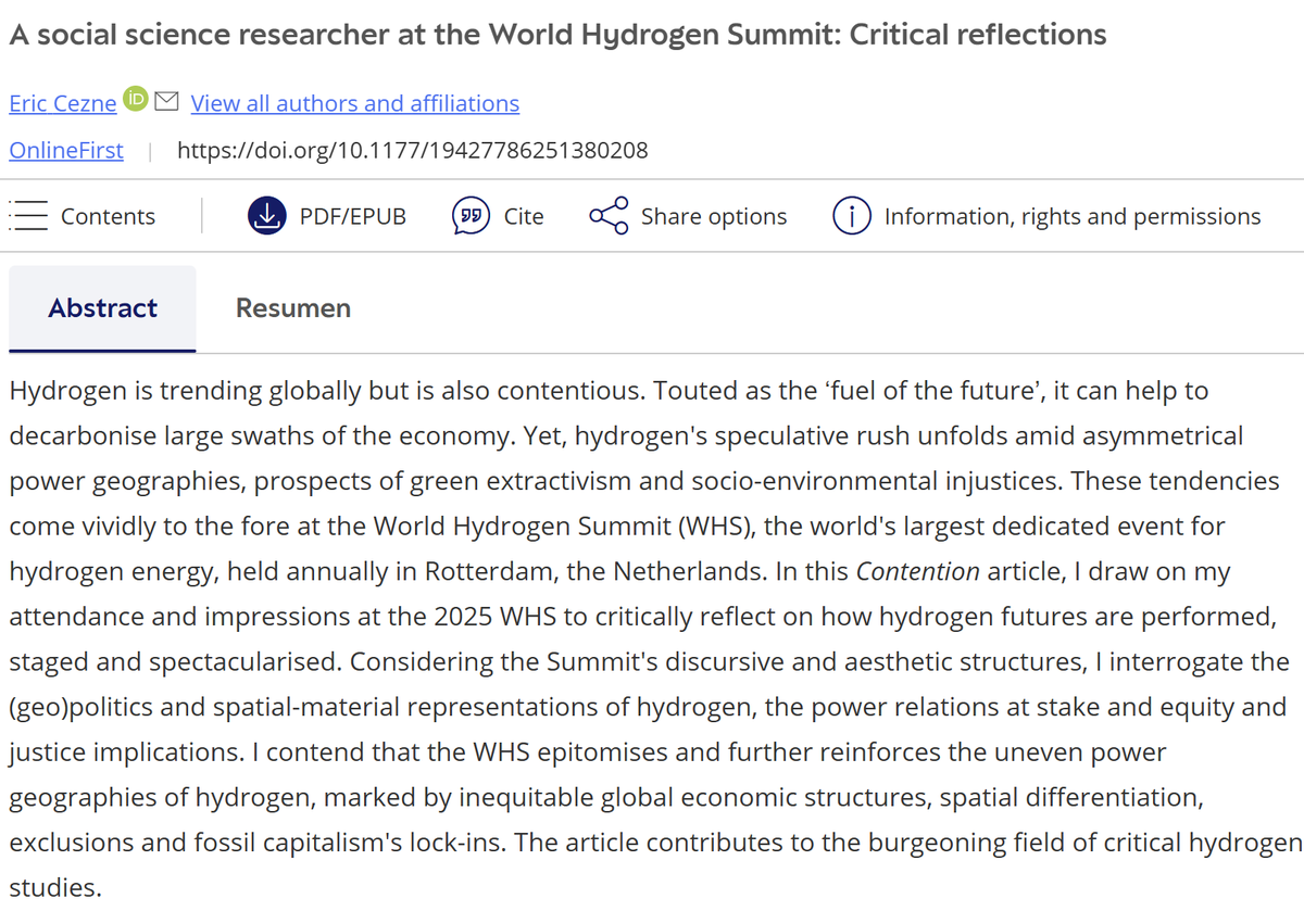 eric_cezne's tweet image. 📚🔋What do major events and fairs tell us about energy transitions? In this recently published #OpenAccess article with Human Geography, I offer some insights by critically reflecting upon the #WorldHydrogenSummit, the world's largest event for H2 energy journals.sagepub.com/doi/10.1177/19….