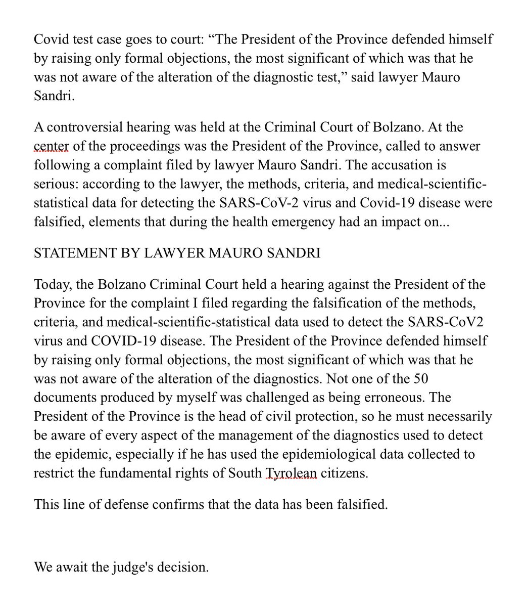 Italy - Covid legal PCR test case goes to court

presskit.it/2025/09/24/tes…

<a href="/jengleruk/">Dr Jonathan Engler MB ChB DipPharmMed LLB</a> <a href="/NickHudsonCT/">Nick Hudson</a> <a href="/jemmm85517813/">Dr Jennine Morgan</a> <a href="/JamieAA_Again/">Jamie Andrews</a> <a href="/Schlautropf/">SchonLängerHier. ALLES Satire. NICHTS so gemeint!</a> <a href="/robursylvestris/">Nick Bickel</a> <a href="/shiftychicken/">Question Mark?</a> <a href="/RealWsiegrist/">Walter Siegrist</a> <a href="/denisrancourt/">Denis Rancourt</a>